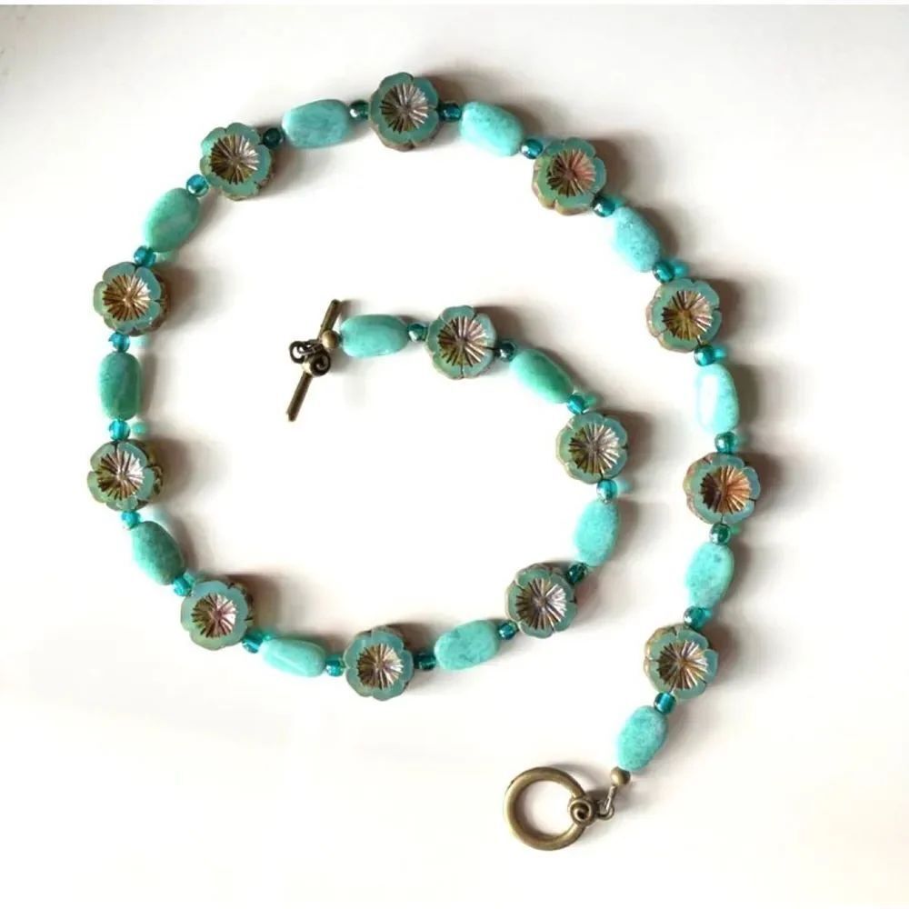 Czech glass aqua colored necklace and earrings set